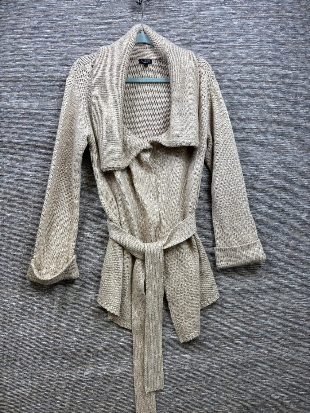 Talbots Shawl Collar Tie Cardigan Sweater Size S Beige Silver Metallic